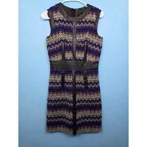 Milly Tweed Chevron Virgin Wool & Lamb Leather Sheath Dress Purple Womens Size 4